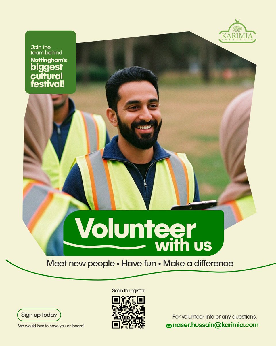 Want to be part of something amazing this summer? 🎉

Volunteer at the Nottingham Cultural Festival and help bring the day to life! From set-up to support — we need you 💚

📲 Scan the QR code on the poster to sign up!