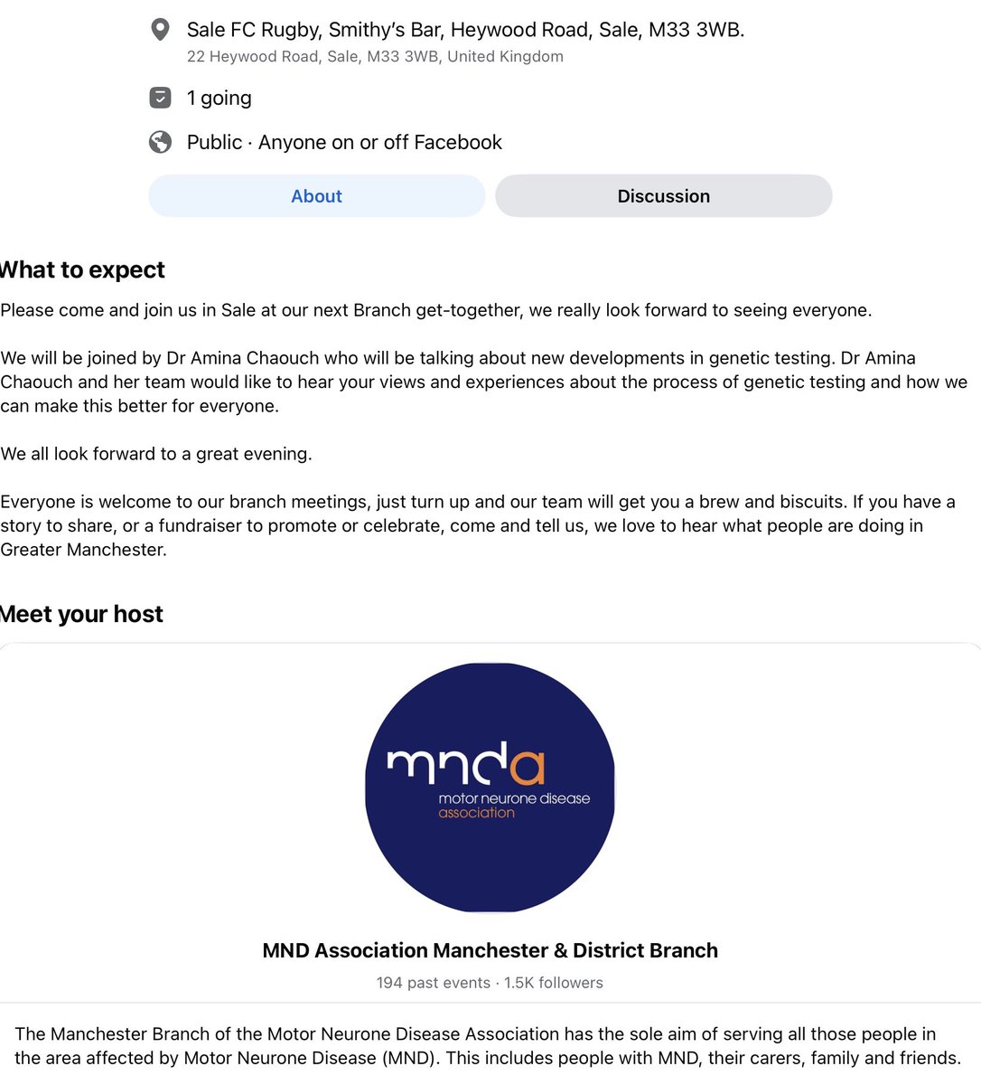 Greg Broadhurst (@gregbroadhurst) on Twitter photo Tonight is our <a href="/MNDManchester/">MND Association - Manchester & District Branch</a> branch get together.
Delighted we will have Dr Amina Chaouch as our guest speaker to discuss Genetic Testing and Counselling.
Anyone is welcome, simply come to Heywood Road tonight, you’ll get a brew, biscuits and a warm welcome from our team. Tonight is our <a href="/MNDManchester/">MND Association - Manchester & District Branch</a> branch get together.
Delighted we will have Dr Amina Chaouch as our guest speaker to discuss Genetic Testing and Counselling.
Anyone is welcome, simply come to Heywood Road tonight, you’ll get a brew, biscuits and a warm welcome from our team.