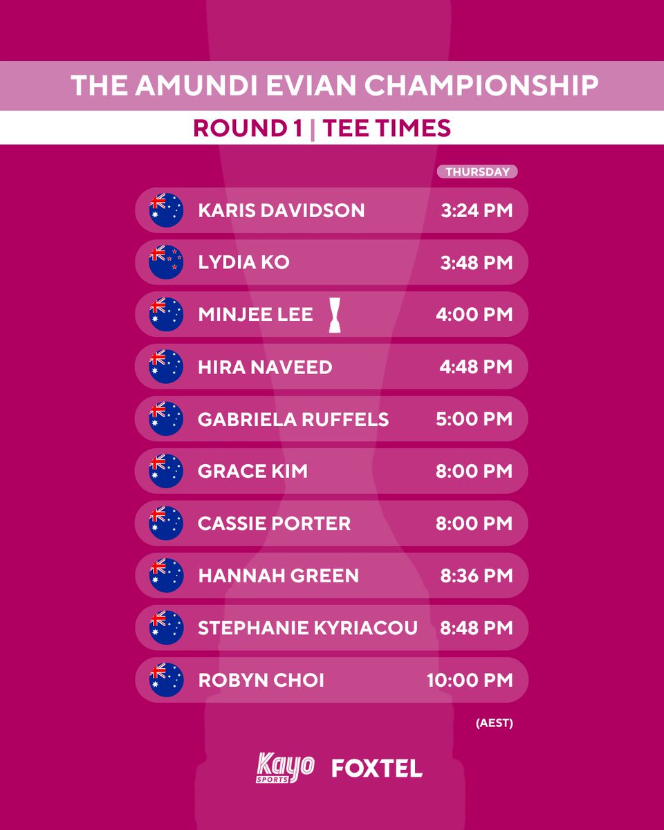 WPGA Tour of Australasia (@wpgatour) on Twitter photo Plenty to be excited about at the <a href="/EvianChamp/">The Amundi Evian Championship</a> from tomorrow afternoon 🤩
📺 LIVE from Thursday 8 PM (AEST) on <a href="/FOXSportsAUS/">FOXSportsAUS</a>, available on <a href="/Foxtel/">Foxtel</a> and <a href="/kayosports/">Kayo Sports</a>: bit.ly/3Q38Ihi Plenty to be excited about at the <a href="/EvianChamp/">The Amundi Evian Championship</a> from tomorrow afternoon 🤩
📺 LIVE from Thursday 8 PM (AEST) on <a href="/FOXSportsAUS/">FOXSportsAUS</a>, available on <a href="/Foxtel/">Foxtel</a> and <a href="/kayosports/">Kayo Sports</a>: bit.ly/3Q38Ihi