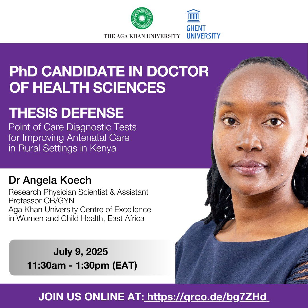 AKU CoE Women and Child Health (@akucoewchea) on Twitter photo Happening Today!
Support Dr <a href="/angela_koech/">Angela Koech</a> as she defends her PhD thesis on improving antenatal care in rural Kenya.
🎓 Watch live: qrco.de/bg7ZHd. Let’s cheer her on, click the link and join 👏🏾 Happening Today!
Support Dr <a href="/angela_koech/">Angela Koech</a> as she defends her PhD thesis on improving antenatal care in rural Kenya.
🎓 Watch live: qrco.de/bg7ZHd. Let’s cheer her on, click the link and join 👏🏾