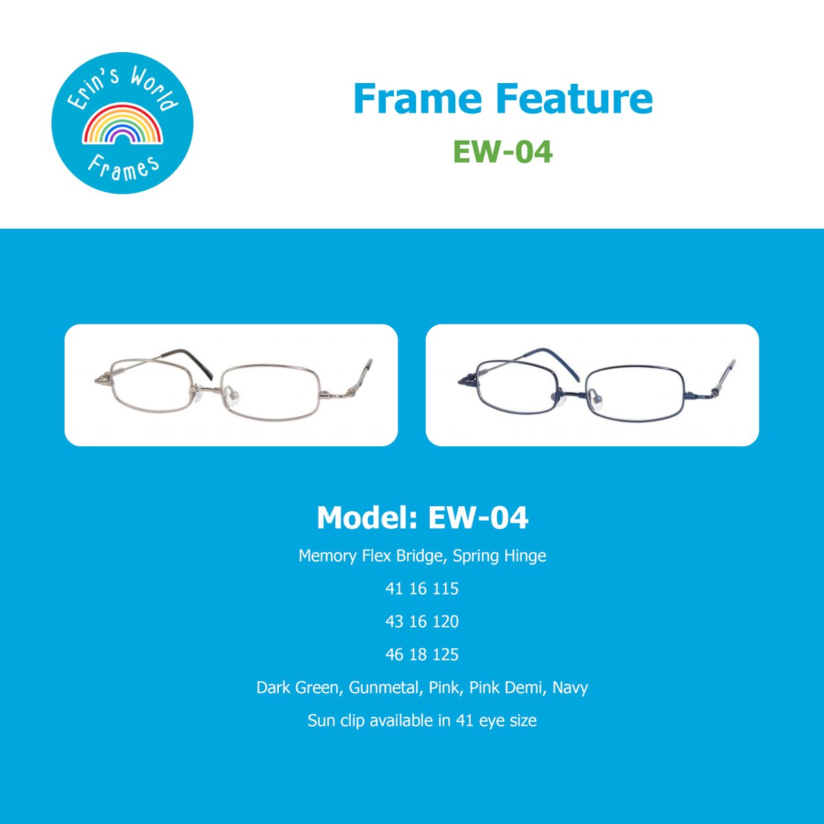 Introducing the EW-04 glasses! Featuring a Memory Flex Bridge and Spring Hinge for ultimate comfort. Available in stylish shades: Dark Green, Gunmetal, Pink, Pink Demi, and Navy. 

😎Plus, don’t miss our sun clip option in a 41 eye size! Perfect for every occasion.