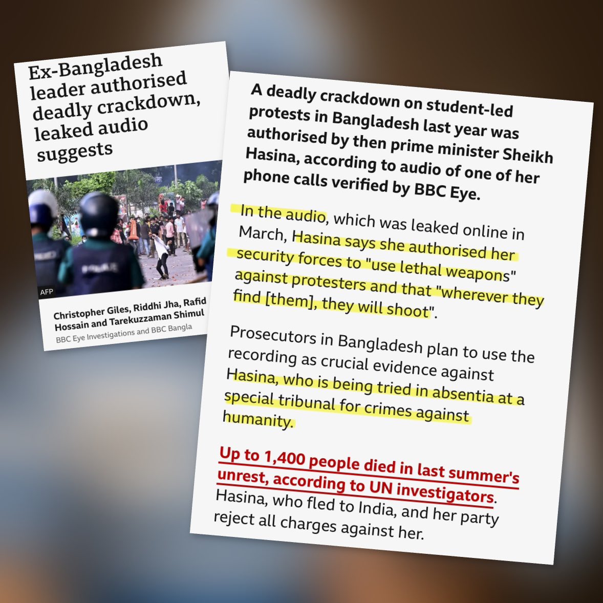 انشااللہ عاصم منیر کے خلاف ایک دن 26 نومبر کے اسلام آباد قتل عام کا ایسا ہی مقدمہ چلے گا. اٹھو میرے ملک کے جوانوں، ہمت کرو بنگالیوں کی طرح!

ابھی یہ خبر پڑھی کہ بنگلہ دیش میں شیخ حسینہ کی آڈیو لیک ہوئی ہے کہ اس نے مظاہرین پہ گولیاں چلانے کا حکم دیا, اور اس کی غیر موجودگی میں بھی