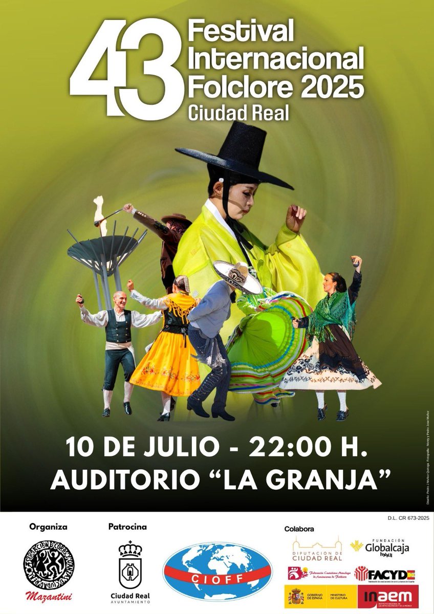 43º FESTIVAL INTERNACIONAL FOLCLORE CIUDAD REAL 2025

Un año mas, Ciudad Real se prepara par ala celebración del 43º Festival Internacional de Folclore, que tendrà lugar del 10 al 14 de julio de 2025.