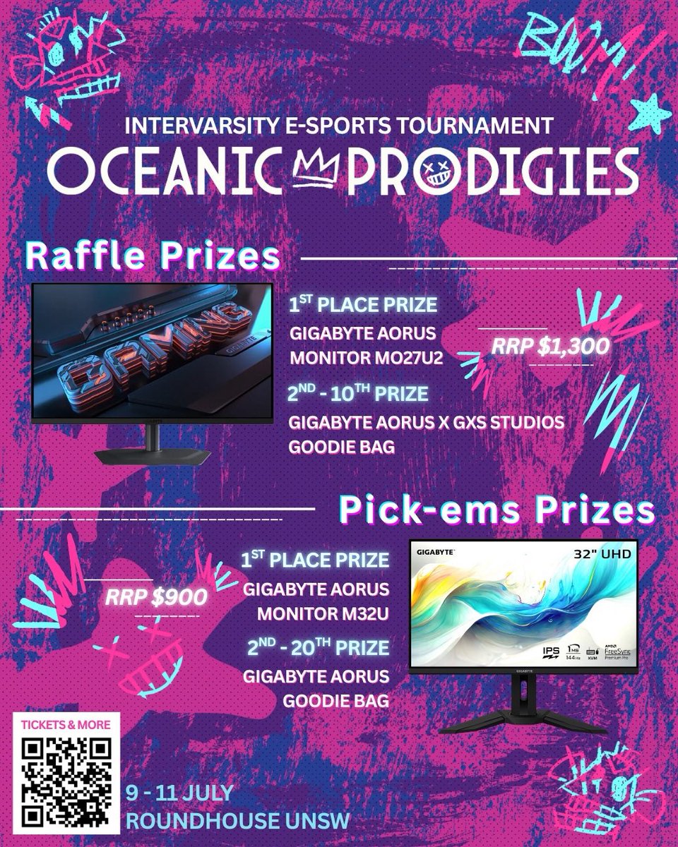 Oceanic Prodigies 2 is currently underway!

Make sure to come tomorrow from 11am!

COME WATCH VALORANT AND LEAGUE OF LEGENDS
And don’t forget to do PICKEMS!
pickems.oceanicprodigies.com

Come over to the Roundhouse @ UNSW! Free Tickets: events.humanitix.com/unsw-esports25…