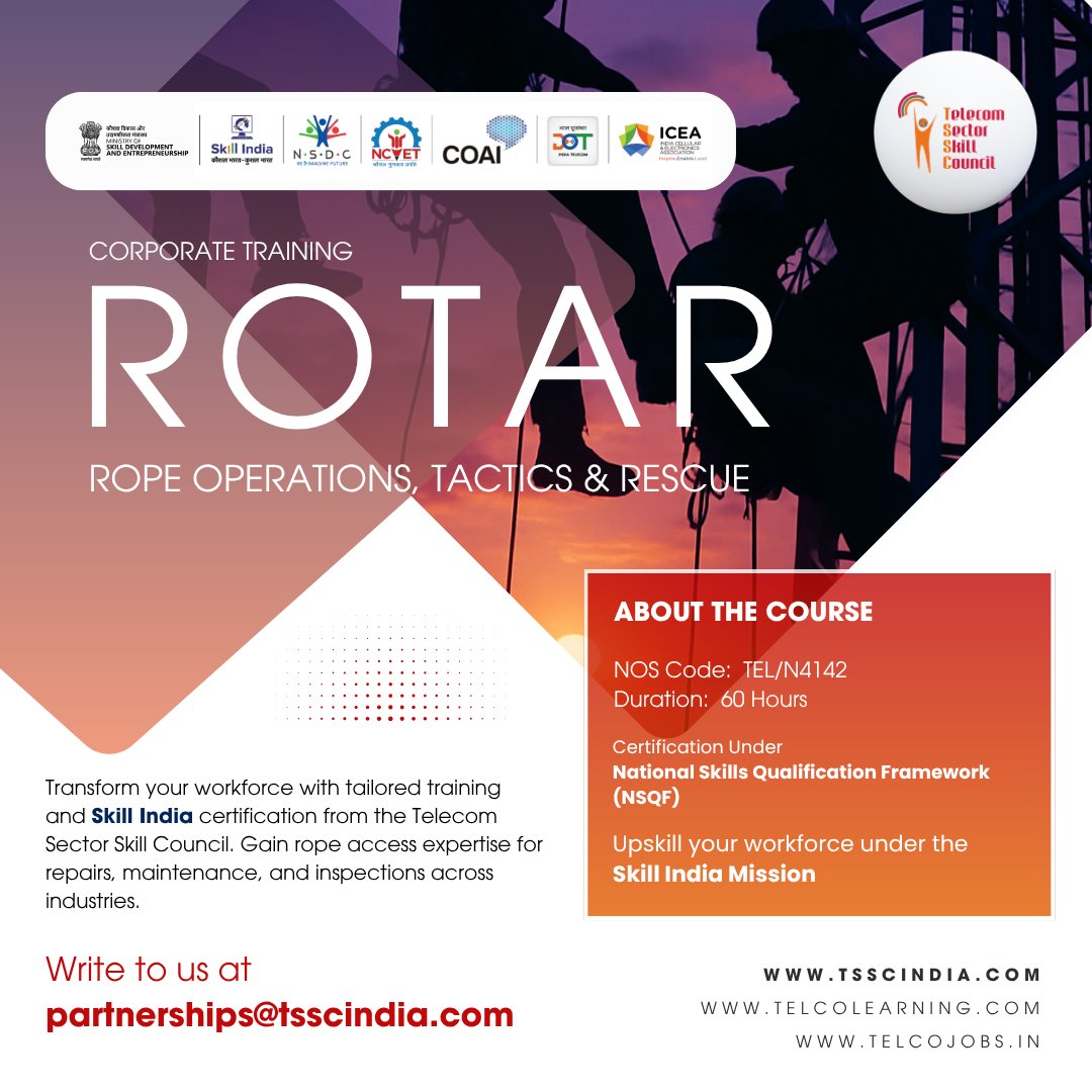 Telecom Sector Skill Council (@tsscindia) on Twitter photo ROTAR: Transforming How Industries Work at Heights
60 hours
Equip your team through the <a href="/MSDESkillIndia/">Skill India</a> Mission.
partnerships@tsscindia.com or visit tsscindia.com
#ropeaccessskills #rotartraining #skillindiamission #workplacesafety #industrialtraining ROTAR: Transforming How Industries Work at Heights
60 hours
Equip your team through the <a href="/MSDESkillIndia/">Skill India</a> Mission.
partnerships@tsscindia.com or visit tsscindia.com
#ropeaccessskills #rotartraining #skillindiamission #workplacesafety #industrialtraining