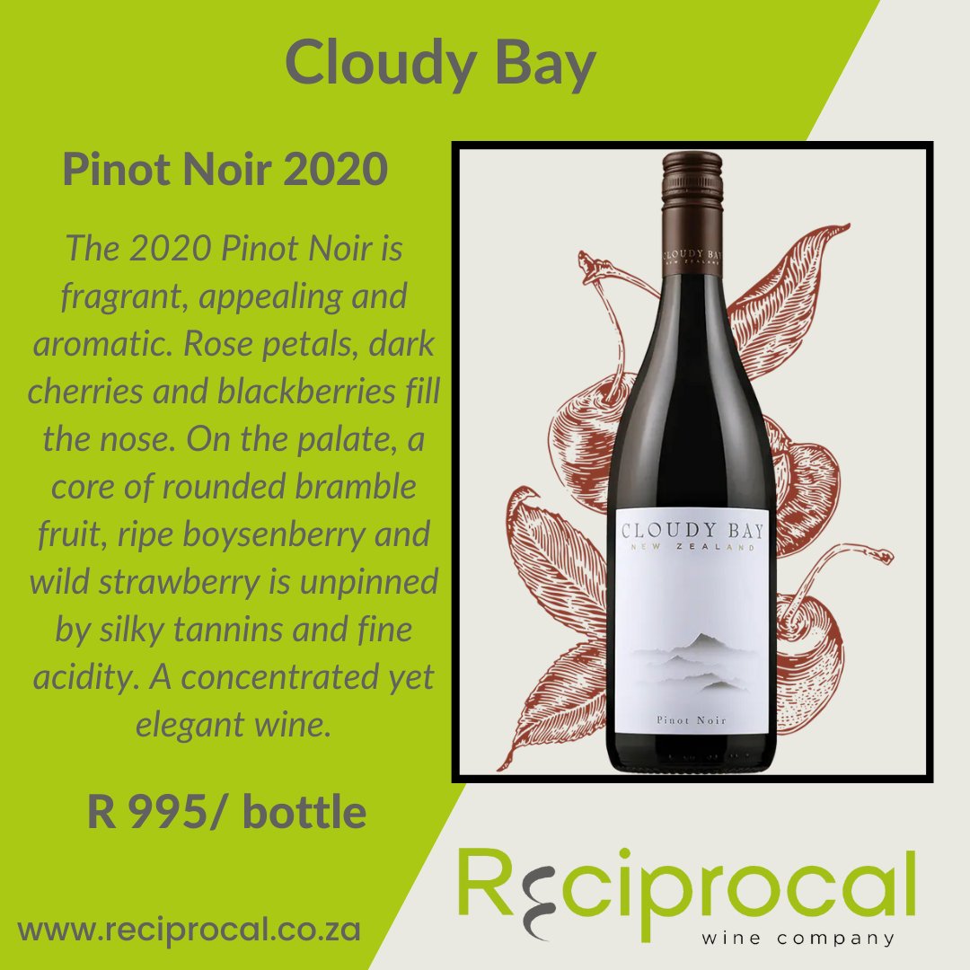 WINE WEDNESDAY

Our featured wine this week is the 2020 Pinot Noir from Cloudy Bay in New Zealand.

View the wine on our website --&gt; reciprocal.co.za/products/pinot…

#reciprocalwines #itsreciprocal #cloudubay #cloudybaypinotnoir #winewednesday #winesofnewzealand #marlboroughwines