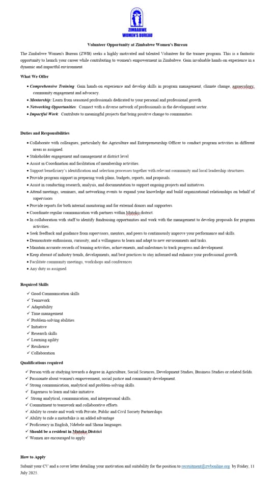 🌟 Volunteer Opportunity  🌟
<a href="/ZWBorg/">ZWB</a> is calling for applicants who wish to join the organisation as volunteers in Mutoko. Applicants should be passionate about women empowerment &amp; community development. Only short-listed candidates will be contacted.
Deadline:11 July 2025