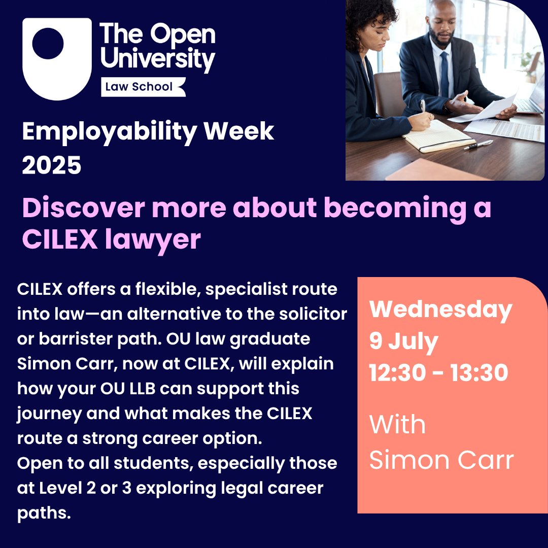 🟢🔵TODAY 12:30 🗣️💻

🔍 Curious about becoming a CILEX lawyer?

Open to all students, especially those at Level 2 or 3 exploring legal career paths. Q&amp;A included!

Details here..👇
ow.ly/nizL50WgAXg

#OpenUniversity #CILEX  #LegalProfession #AlternativeRoutesInLaw