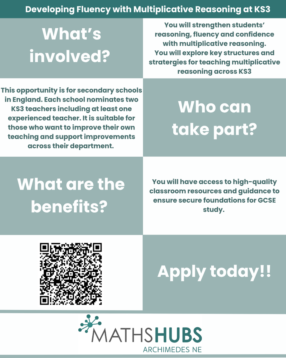 Archimedes Maths Hub (@archimedesne) on Twitter photo ⭐Developing Fluency with Multiplicative Reasoning at KS3⭐
For more information and to apply please visit:
ow.ly/2Ayb50WkUcO
Or contact us:
✉️ jspringhall@carmel.bhcet.org.uk 📞 01325 254525 ⭐Developing Fluency with Multiplicative Reasoning at KS3⭐
For more information and to apply please visit:
ow.ly/2Ayb50WkUcO
Or contact us:
✉️ jspringhall@carmel.bhcet.org.uk 📞 01325 254525