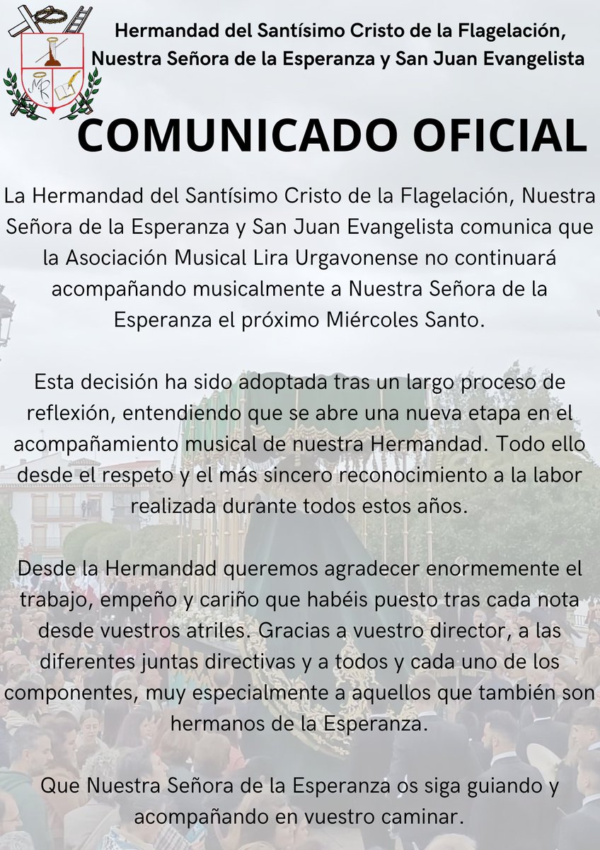 𝐂𝐎𝐌𝐔𝐍𝐈𝐂𝐀𝐃𝐎 𝐎𝐅𝐈𝐂𝐈𝐀𝐋

📣 No renovación del contrato musical que nos unía con la Asociación Musical Lira Urgavonense.