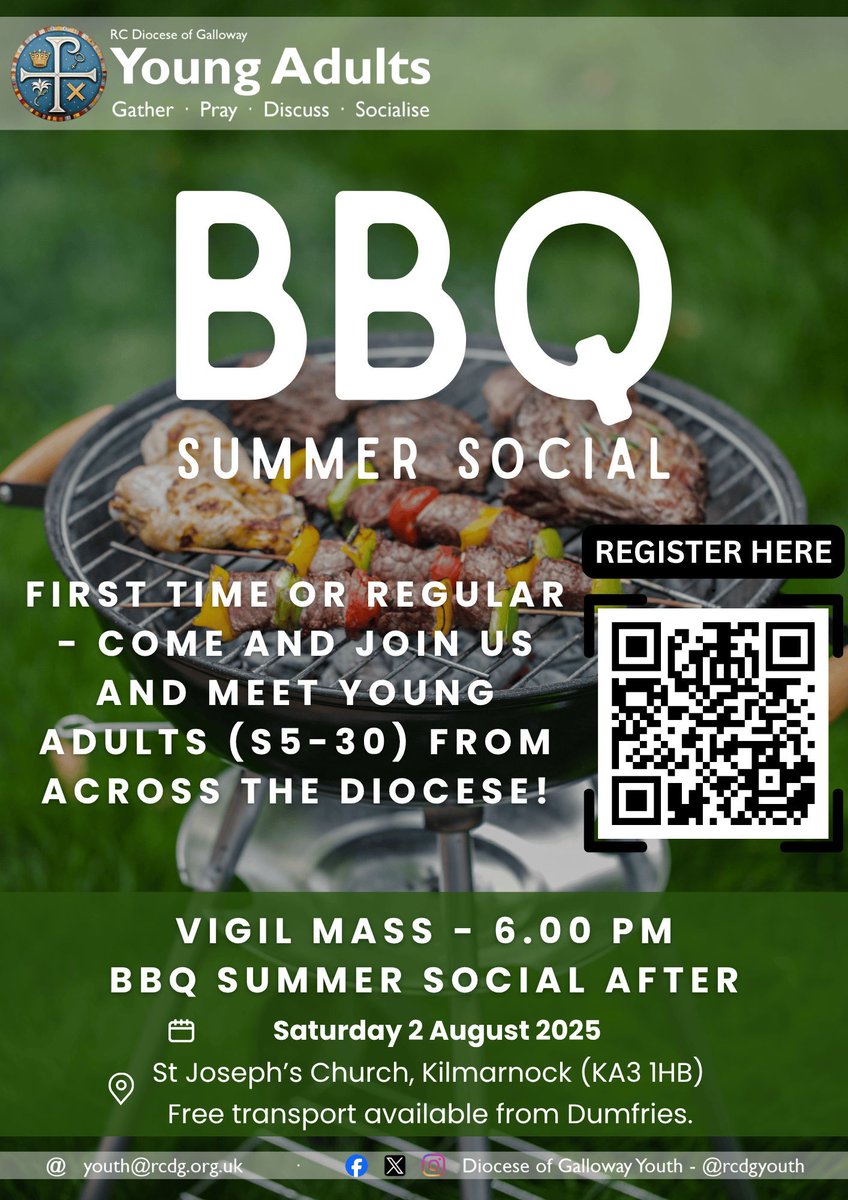 Join Young Adults (S5-30) from across the Diocese as they gather for a BBQ in St Joseph’s Church, Kilmarnock, on Saturday 2nd August following Mass at 6.00 pm. There’s no charge to take part, but please register to let us know you're coming: buff.ly/HJUGHsd