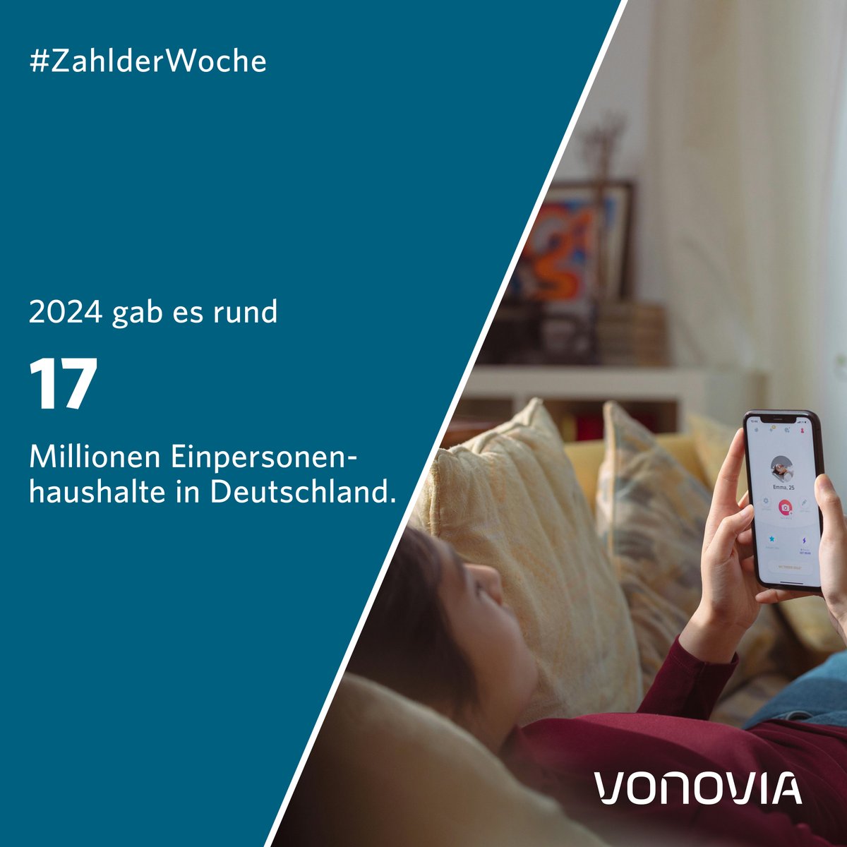 Rund 17 Millionen Einpersonenhaushalte entsprechen einem Anteil von etwa 41,6 Prozent aller Haushalte. Seit den 1990er-Jahren ist der Anteil der Single-Haushalte gestiegen. #Vonovia #ZahlderWoche #Zuhause