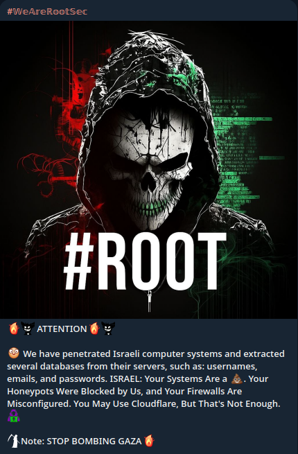 Team_D4rkn3ttz's tweet photo. New attack reported by #D4rkn3ttz
The hacktivist group #WeAreRootSec has leaked credentials (usernames, email, password) from Israeli government systems
launched the attack, urging a halt to airstrikes on the Gaza Strip.
#DataLeak #OpIsrael #WeAreRootSec #Gaza #CyberWar https://t.co/sfNcH1BeMp