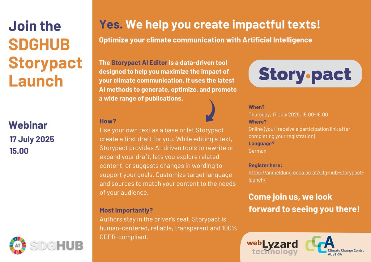 🌍 AI can boost climate communication impact! Join our #SDG HUB webinar on the @Storypact AI Editor for effective climate messaging.
📅 July 17, 15:00-16:00 CET
🌐 Online (German)
👉 Register: loom.ly/JsViJBs