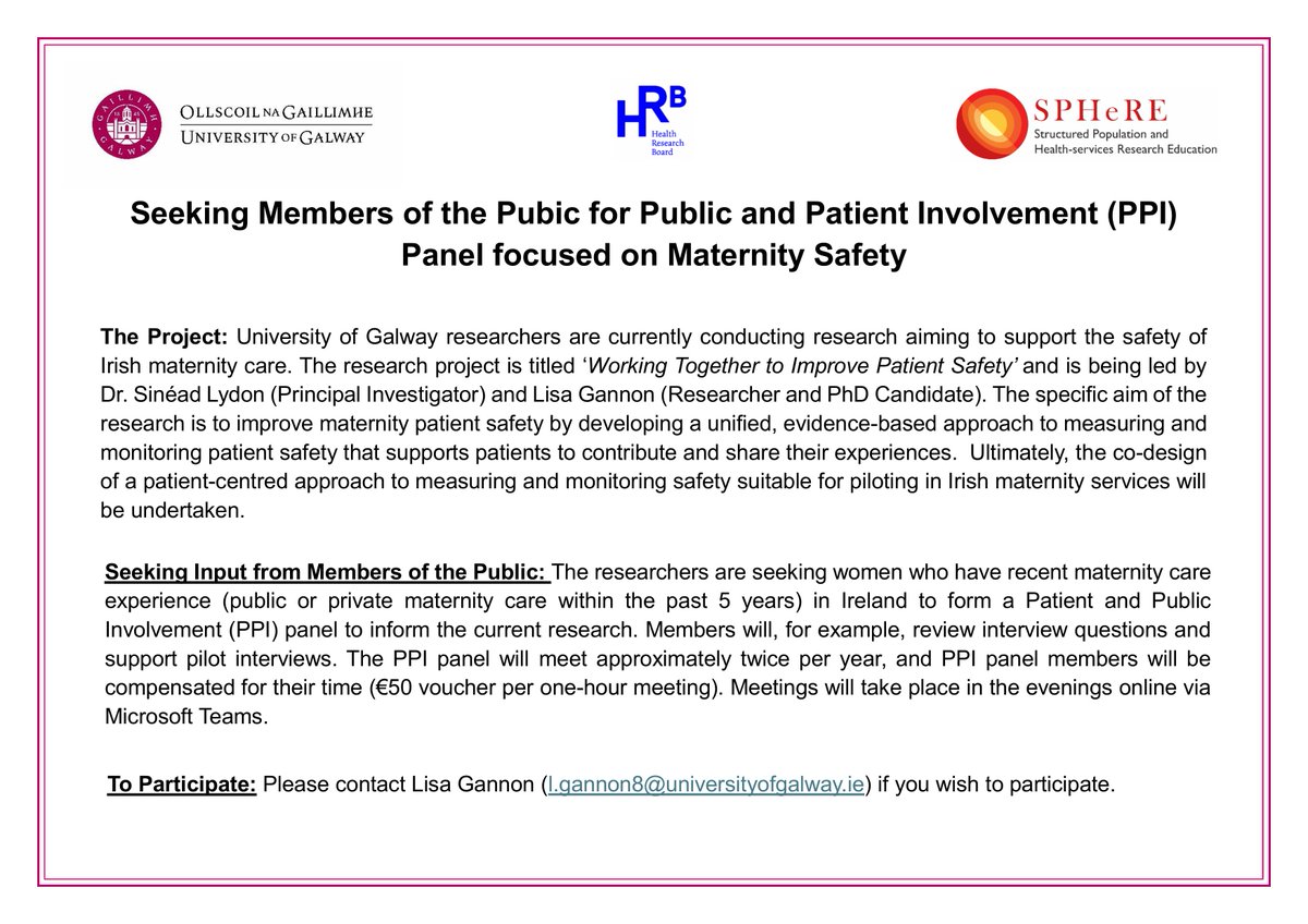Have you had a baby in Ireland in the past 5 years?! 

We're seeking women with recent experience of maternity care for a #PPI panel and to guide our research on maternity safety. Meetings will be online and payment is available! #patientsafety #maternity #pregnancy