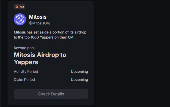 Mitosis seems to be the next project to TGE! 

With rewards set aside for 1000 yappers and testers! 

$Mito is coming

gmito <a href="/MitosisOrg/">Mitosis</a>