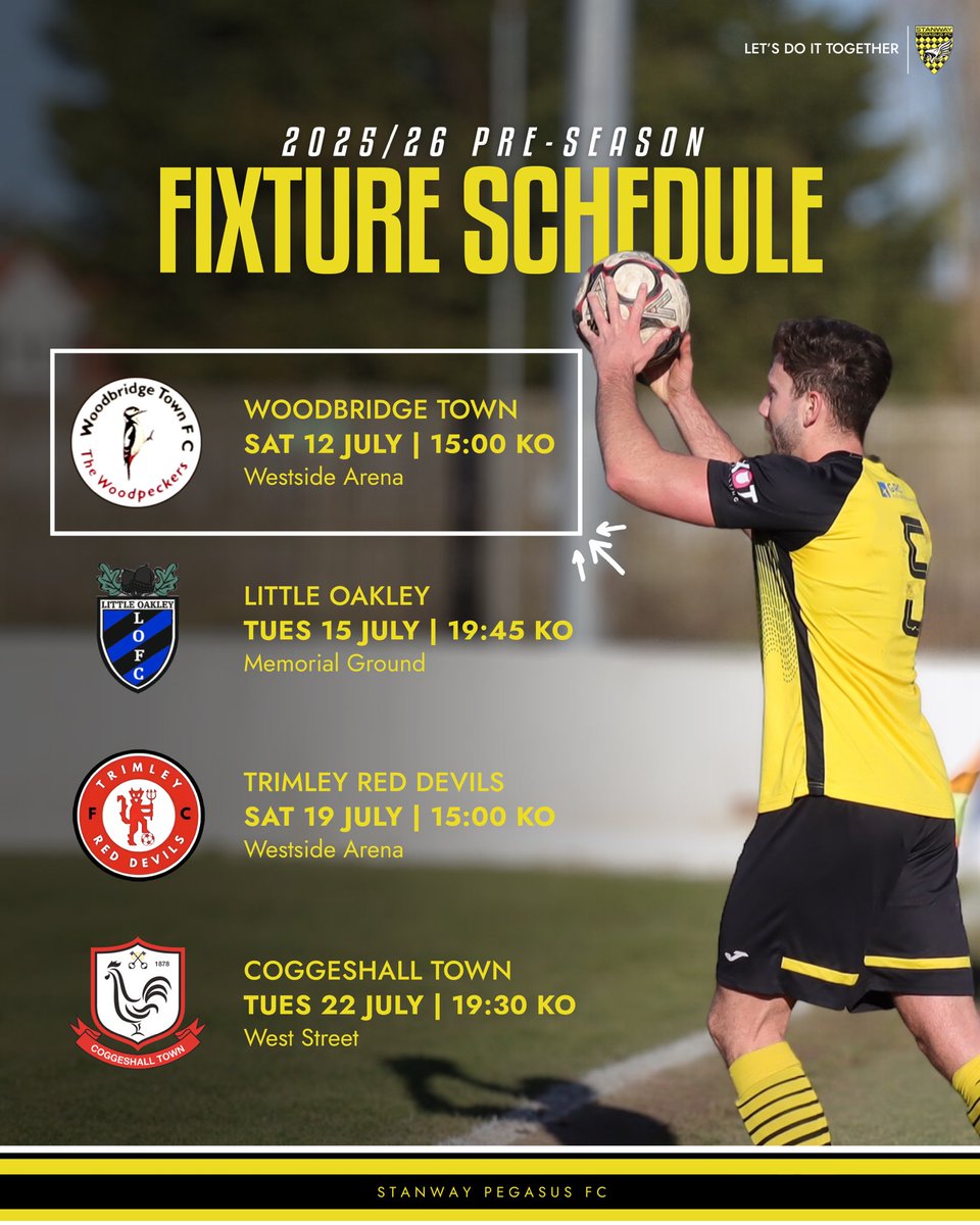 Stanway Pegasus FC (@stanwaypegasus) on Twitter photo ๐
Pre-season kicks off this Saturday as we take on <a href="/Woodbridgetown/">Woodbridge Town FC</a> at the Westside Arena!
First opportunity to see the squad back together and our new signings in action. Donโt miss it ๐ก
#UTSP || #PreSeason || #SeasoLoading ๐
Pre-season kicks off this Saturday as we take on <a href="/Woodbridgetown/">Woodbridge Town FC</a> at the Westside Arena!
First opportunity to see the squad back together and our new signings in action. Donโt miss it ๐ก
#UTSP || #PreSeason || #SeasoLoading
