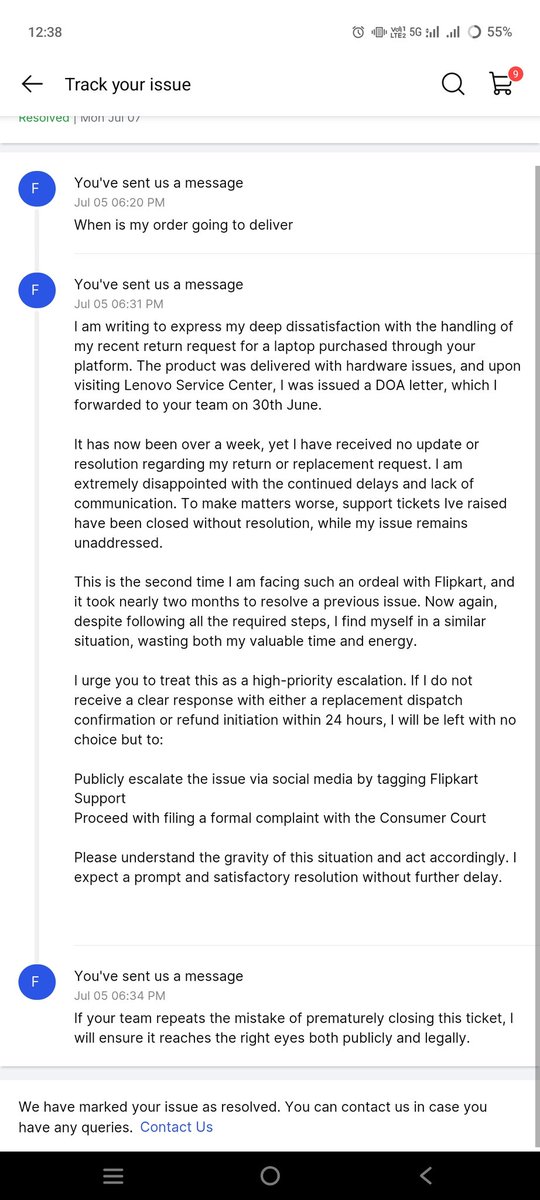 urstrulycherry9's tweet photo. @flipkartsupport 
#Flipkart
I’m extremely disappointed with the lack of resolution regarding my DOA laptop return. Despite submitting all required documents, my ticket was closed without addressing the issue. This is unacceptable. Kindly escalate and provide a proper resolution. https://t.co/sZAbH9ULF6