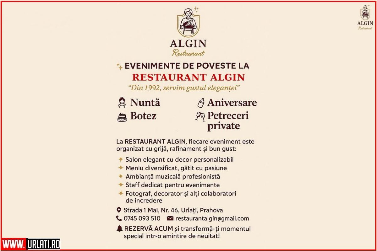 URLATI's tweet photo. Restaurant Algin 🍝
📌 Adresă: Str. 1 Mai, Nr. 46, Urlați, Prahova
📞 Rezervări: 0745 093 510
📧 restaurantalgin@gmail.com

Cu stimă,
Echipa https://t.co/IgRj4g4mqz
#URLATI
#OrasulDintreVii
#DrumulVinului https://t.co/oH35HtnuKi