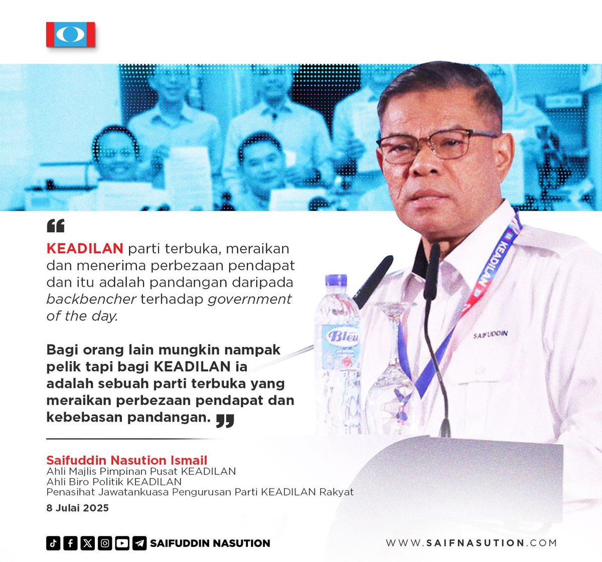 Dalam temu bual media semalam, saya tegaskan bahawa perbezaan pandangan dalam KEADILAN bukanlah satu masalah, malah ia adalah kekuatan yang mencerminkan kematangan demokrasi dalam parti.

Sebagai backbencher Kerajaan MADANI, kita tetap bebas menyuarakan pandangan – dan ini tidak