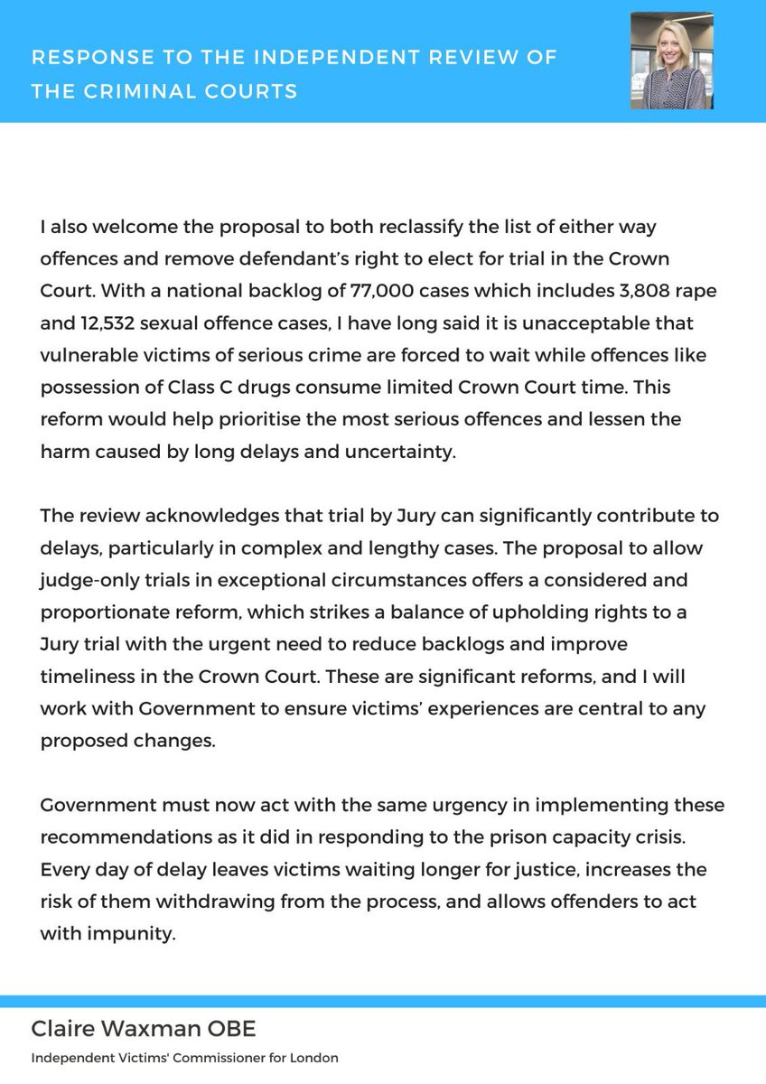 LDNVictimsComm's tweet image. With trials in London delayed until 2029 and victims left in limbo, the Leveson review is a clear call to action. These reforms are urgent. Govt must act now to ease the backlog and ensure swifter justice for victims. My statement ⬇️ gov.uk/government/pub…