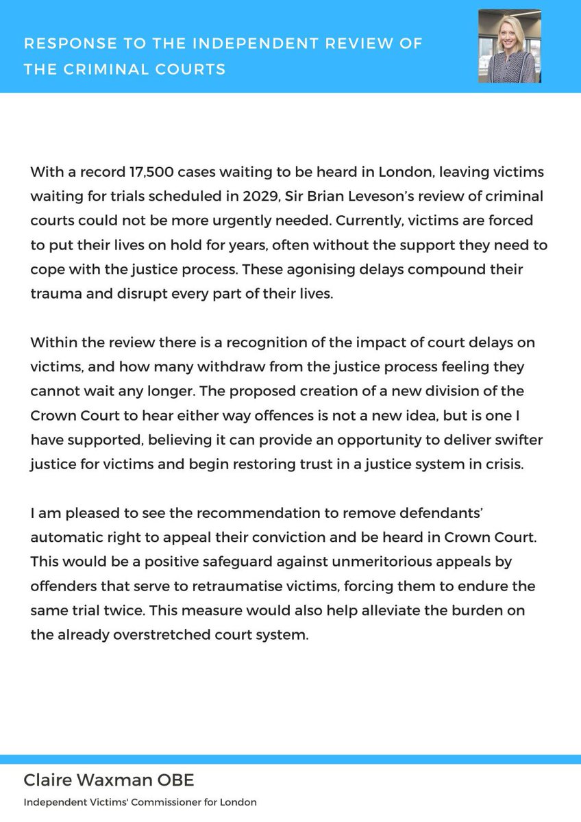 LDNVictimsComm's tweet image. With trials in London delayed until 2029 and victims left in limbo, the Leveson review is a clear call to action. These reforms are urgent. Govt must act now to ease the backlog and ensure swifter justice for victims. My statement ⬇️ gov.uk/government/pub…