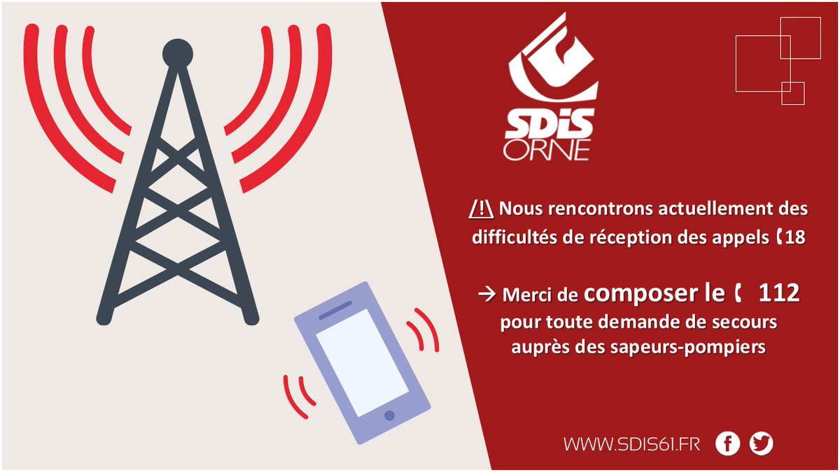 SDIS DE L'ORNE (@sdis61) on Twitter photo 🔴 ⚠️Difficulté de réception des appels 18 dans le <a href="/ornedepartement/">Département de l'Orne</a>
➡️ Composez le ☎️ 112 pour toute demande de secours 🚒
📣 Parlez-en autour de vous !
ℹ️ Les autres numéros d'urgence fonctionnent normalement.
ℹ️ Nous vous informerons du retour à la normale.
<a href="/Prefet61/">Préfet de l'Orne 🇫🇷</a> 🔴 ⚠️Difficulté de réception des appels 18 dans le <a href="/ornedepartement/">Département de l'Orne</a>
➡️ Composez le ☎️ 112 pour toute demande de secours 🚒
📣 Parlez-en autour de vous !
ℹ️ Les autres numéros d'urgence fonctionnent normalement.
ℹ️ Nous vous informerons du retour à la normale.
<a href="/Prefet61/">Préfet de l'Orne 🇫🇷</a>