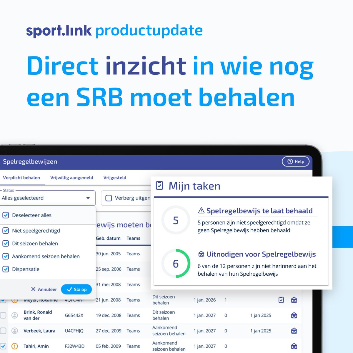 Het is weer tijd voor een nieuwe productupdate in Sportlink Club. Je ziet nu in één oogopslag welke leden hun Spelregelbewijs nog niet hebben gehaald (zie foto). Handig toch? 👀✅ #update #nieuw #sportlink