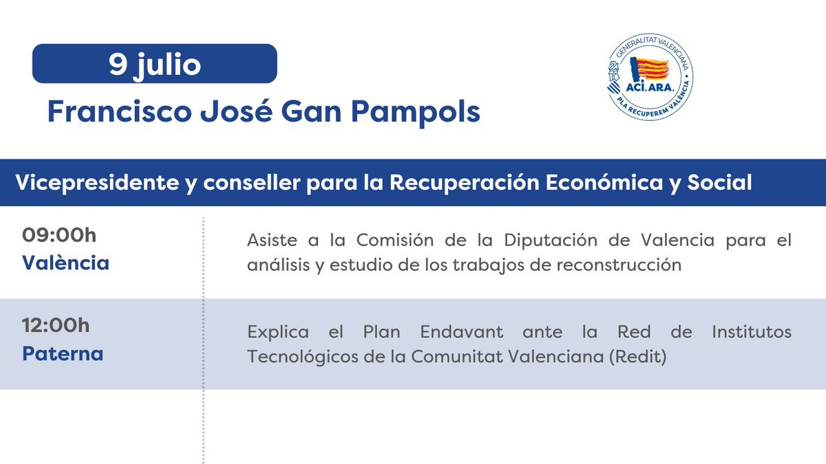 📆 Agenda del vicepresidente segundo y conseller para la Recuperación Económica y Social, Francisco José Gan Pampols, para hoy
