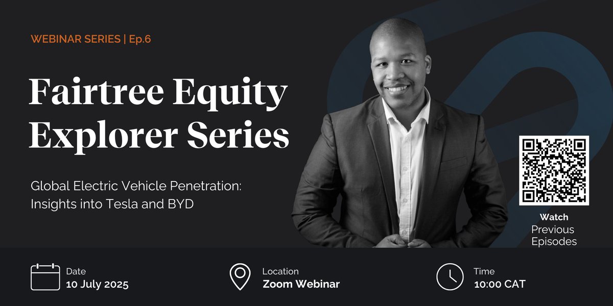 FairtreeGroup's tweet image. #Fairtree #EquityExplorer Series | Global electric vehicle penetration
Join us on 10 July as we unpack the rapidly evolving electric vehicle landscape — from charging networks, range anxiety, and regulation to insights on @Tesla and BYD.
Register here: tinyurl.com/462ff5bk