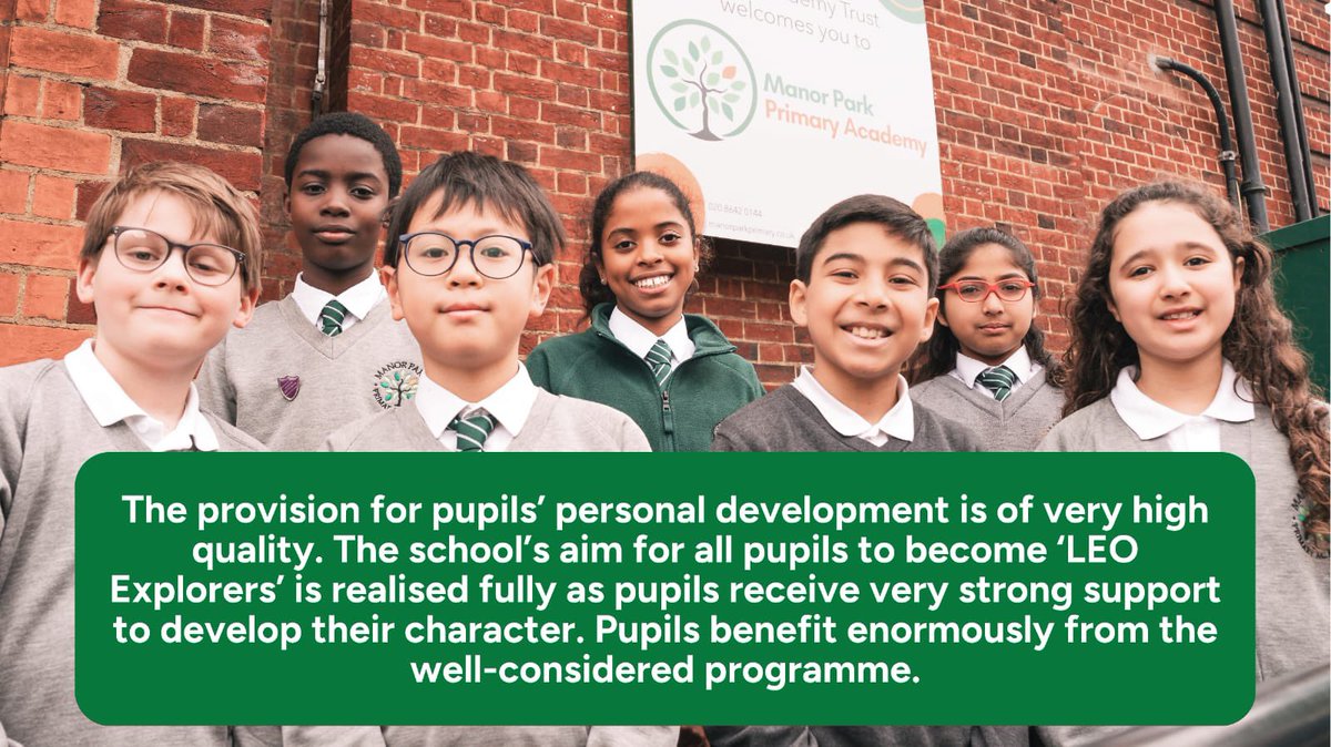 ManorParkSchSM1's tweet photo. @LEOacademies @LEOtraining5 @LEOsports7 @LEO_maths @LEOforestschool @LEOinclusion @ShareenAdvice @LEOenglish0 @LEOearlyyears @LEO_music7 @SustainableLEO “The school’s aim for all pupils to become #LEOExplorers is realised fully as pupils receive very strong support to develop their character..”

📺 https://t.co/Ekfcen49Qh

✏️ https://t.co/Ddxf7rzNtk

Thank you &amp; well done to our wonderful staff for making all of this possible. 😊 https://t.co/tIMCSZW5v0