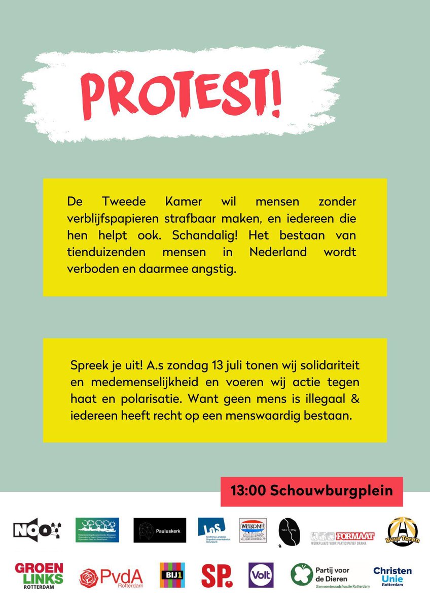 Kom naar het protest tegen het strafbaar stellen van mensen en hulp! 

Geen mens is illegaal! 

Wij zijn er bij! 

Jullie ook?