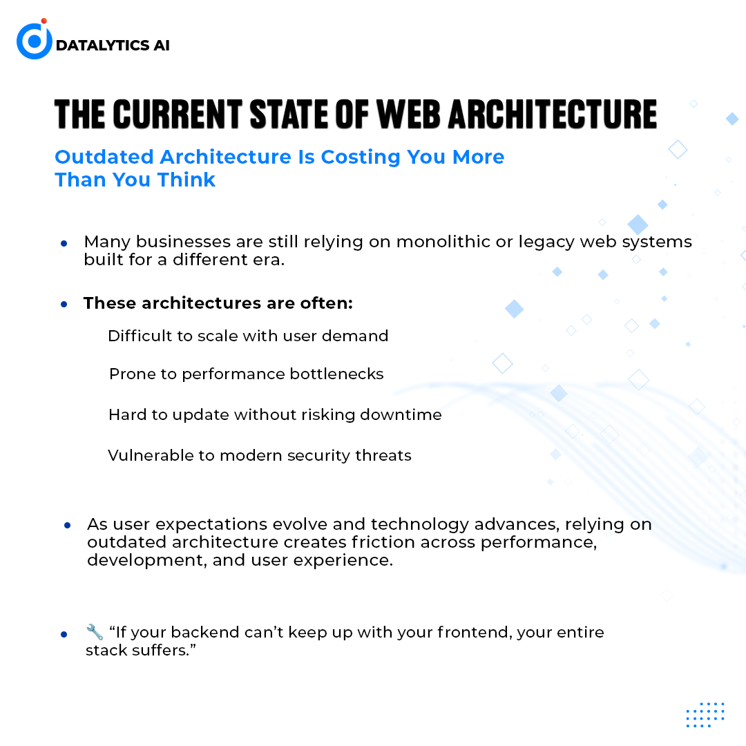 DatalyticsAi's tweet image. If your site crashes under pressure, loads like a snail 🐌, or struggles to scale—it's time for a web architecture glow-up. Don't let outdated tech hold you back!

#WebArchitecture #TechUpgrade #DigitalGrowth #ScalableSolutions #DatalyticsAI #WebDev #ITStrategy