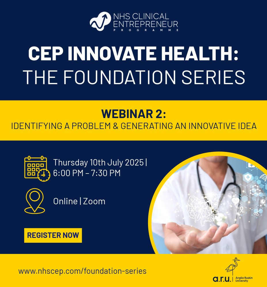 NHS_CEP's tweet image. Identified a healthcare problem worth solving?
📌 Webinar 2: Identifying a Problem and Generating an Innovative Idea
📅 Thurs 10 July | 🕕 6–7:30 PM | 📍 Zoom
📢 Make sure you’ve registered ahead of the session: nhscep.com/foundation-ser…
#HealthcareInnovation #CEPFoundationSeries