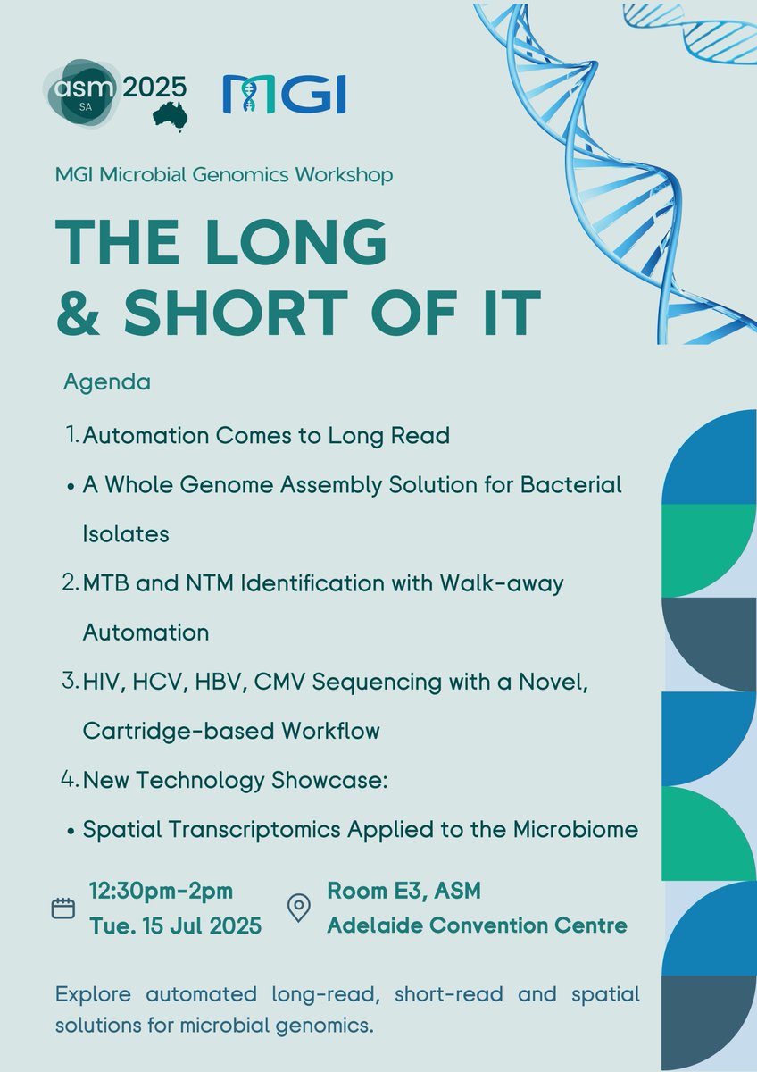 Heading to #ASM2025 in #Adelaide next week? Don't miss our lunchtime workshop showcasing MGI's innovations in #microbial genomics!

📍 Room 3, Adelaide Convention Centre
📅 July 15th, 12:30 PM - 2:30 PM

Save your seat now: theasmmeeting.org.au/sponsored-lunc…

 #ResearchNetworking #Australia