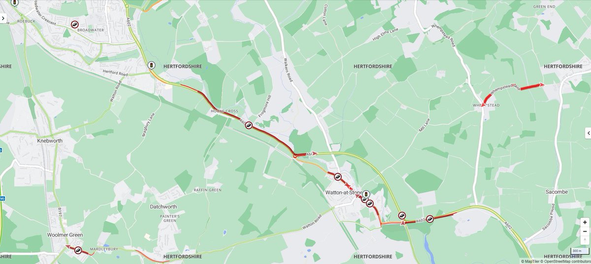 INCIDENT: #WattonAtStone A602 Watton at Stone Bypass, Long delays in the area due to an Incident near the Hooks Cross roundabout. Police are on the scene and currently have the road closed #AvoidTheQ