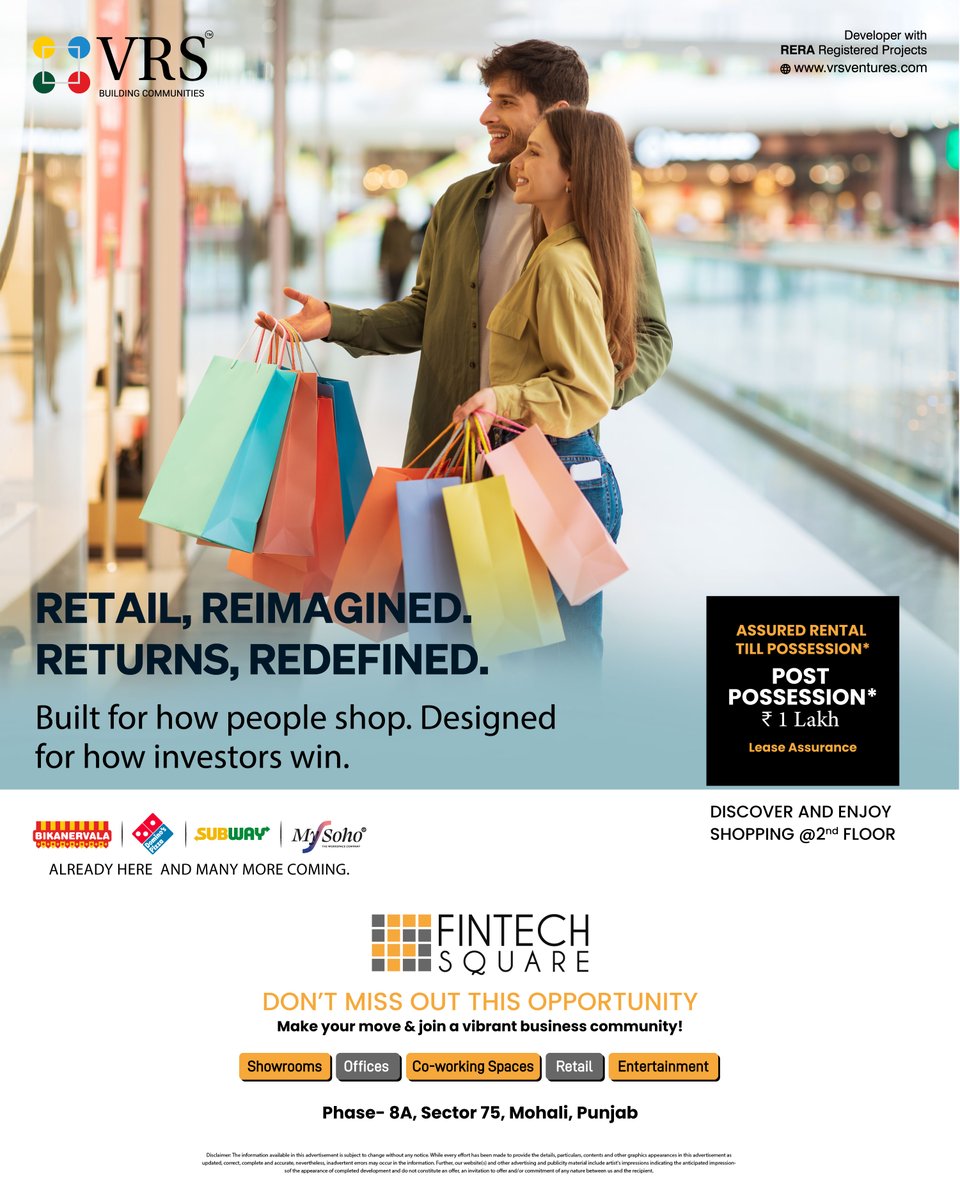 FintechSquare's tweet photo. ✨Built for shoppers. Designed for investors.
Discover, shop &amp; prosper at Fintech Square, Mohali — with Assured Rental Till Possession!
Where every visit is an investment in your future.

#VRSGroup #FintechSquare #ShopAndInvest #MohaliCommercial #AssuredReturns #SmartInvestment https://t.co/h3Fst8qr8N