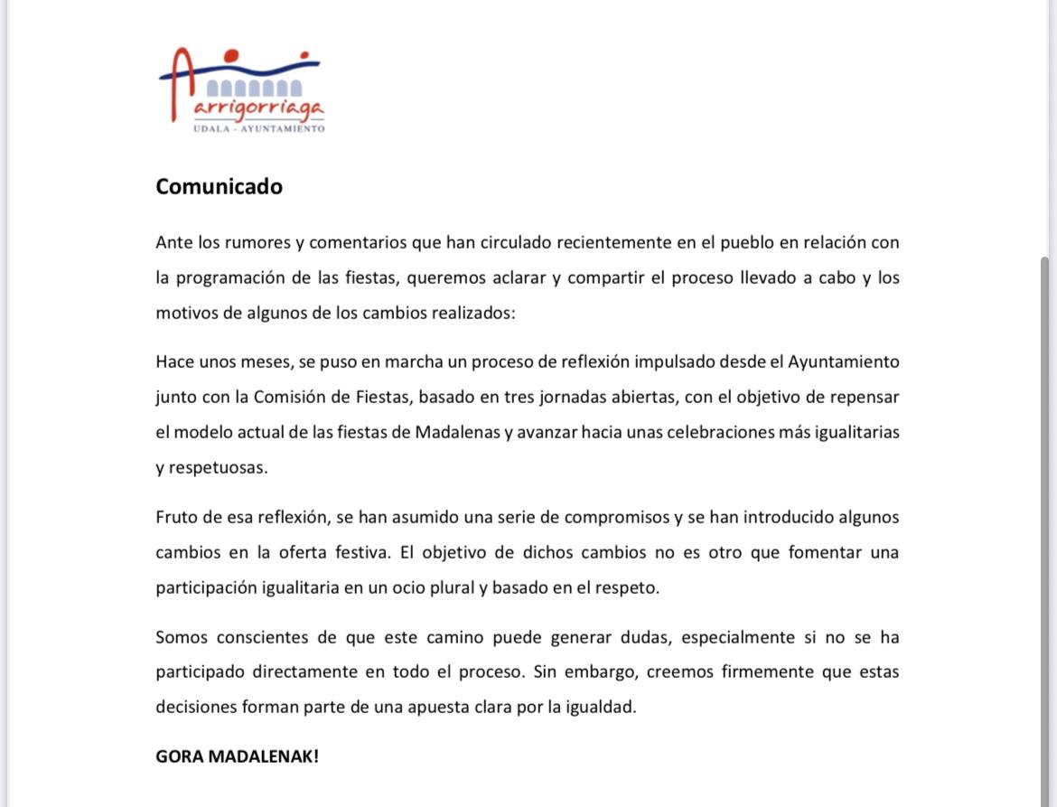ℹ✒ Arrigorriagako Jai Batzordearen eta Udalaren adierazpena 

ℹ✒ Comunicado de la Comisión de Fiestas y el Ayuntamiento de Arrigorriaga