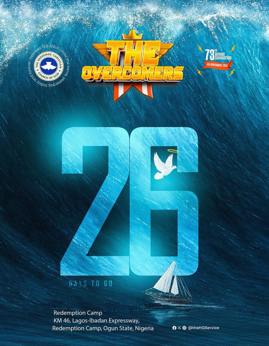 TheHGService's tweet image. 26 Days to Go!
The tides are rising, but so are the Overcomers!
Just like the Red Sea parted, every obstacle before you will give way!
This August, join millions at Redemption Camp for a divine shift that will rewrite your story.
Date:4th–10th August, 2025
Venue: Redemption…