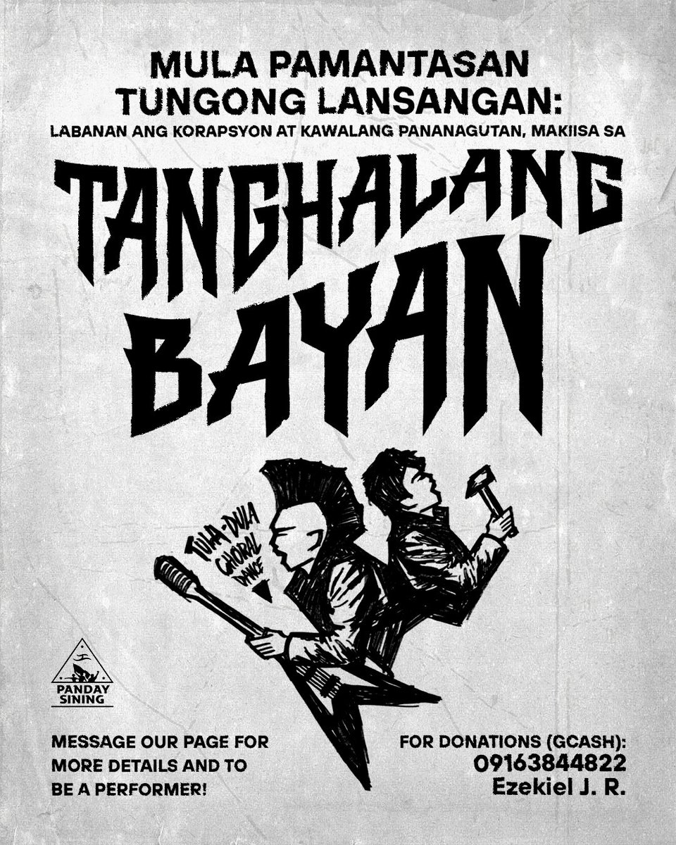 PandaySiningPH's tweet photo. MULA PAMANTASAN
TUNGONG LANSANGAN 
MAKIISA SA TANGHALANG BAYAN! 🔻

Panday Sining leads an upcoming series of street performances going SONA this July, entitled "Mula Pamantasan Tungong Lansangan: Makiisa sa Tanghalang Bayan, Labanan ang Korapsyon at Kawalang Pananagutan!" https://t.co/DbUwCiAqjz