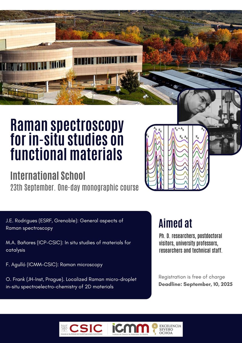 Instituto de Ciencia de Materiales Madrid - CSIC (@icmm_csic) on Twitter photo 📌At ICMM, we are proud to launch
💥New School-Raman spectroscopy for in-situ studies on functional materials
📆September, 23
👉For Ph. D., postdoctoral, professors, researchers and technical staff.
🤝With an exceptional lineup of Speakers
💸Free of charge
icmm.csic.es/en/school-rama… 📌At ICMM, we are proud to launch
💥New School-Raman spectroscopy for in-situ studies on functional materials
📆September, 23
👉For Ph. D., postdoctoral, professors, researchers and technical staff.
🤝With an exceptional lineup of Speakers
💸Free of charge
icmm.csic.es/en/school-rama…
