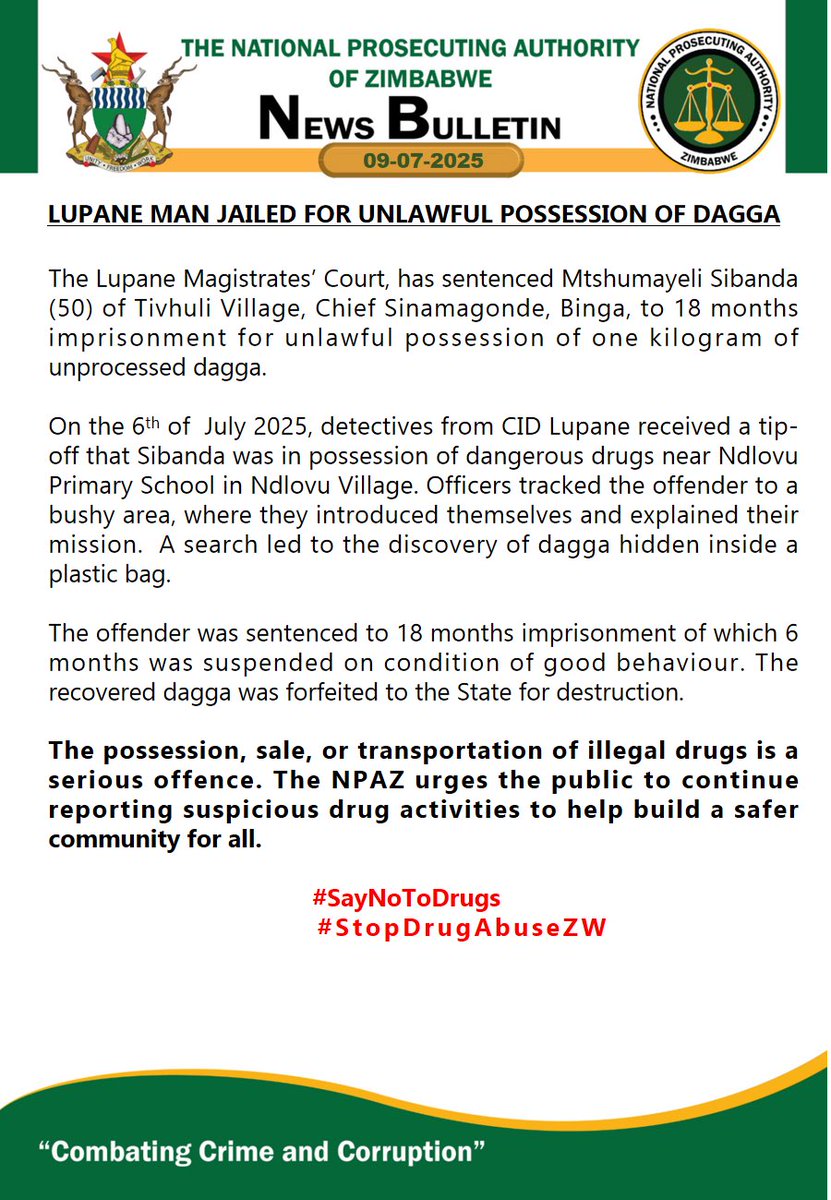 National Prosecuting Authority of Zimbabwe (@npazim) on Twitter photo Lupane Man Jailed for Unlawful Possession of Cannabis
#CombatingCrimeAndCorruption
<a href="/gwasbuz/">george swarei</a> <a href="/ChronicleZim/">The Chronicle</a> <a href="/breezefmstereo/">Breeze FM Victoria Falls</a> <a href="/khulumanifm95/">Khulumanifm Radio</a> <a href="/SundayNewsZimba/">Sunday News</a> <a href="/crimewatchzw/">Crime Watch Zimbabwe</a> <a href="/NewZimbabweCom/">NewZimbabwe.com</a> <a href="/StarFMNews/">Star FM News</a> <a href="/ZBCNewsonline/">ZBC News Online</a> <a href="/DiamondFMZim/">Diamond Fm Zim News</a> <a href="/zimstar_news/">Zimstar News</a> <a href="/SundayMailZim/">The Sunday Mail (Zimbabwe)</a> <a href="/HeraldZimbabwe/">The Herald Zimbabwe</a> <a href="/3KtvZim/">3Ktv</a> Lupane Man Jailed for Unlawful Possession of Cannabis
#CombatingCrimeAndCorruption
<a href="/gwasbuz/">george swarei</a> <a href="/ChronicleZim/">The Chronicle</a> <a href="/breezefmstereo/">Breeze FM Victoria Falls</a> <a href="/khulumanifm95/">Khulumanifm Radio</a> <a href="/SundayNewsZimba/">Sunday News</a> <a href="/crimewatchzw/">Crime Watch Zimbabwe</a> <a href="/NewZimbabweCom/">NewZimbabwe.com</a> <a href="/StarFMNews/">Star FM News</a> <a href="/ZBCNewsonline/">ZBC News Online</a> <a href="/DiamondFMZim/">Diamond Fm Zim News</a> <a href="/zimstar_news/">Zimstar News</a> <a href="/SundayMailZim/">The Sunday Mail (Zimbabwe)</a> <a href="/HeraldZimbabwe/">The Herald Zimbabwe</a> <a href="/3KtvZim/">3Ktv</a>