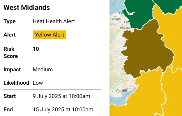 Transport for West Midlands (@transportforwm) on Twitter photo ☀️ <a href="/UKHSA/">UK Health Security Agency</a> has issued a yellow weather warning for heat on the following dates:
Wednesday 9th July 10:00 until Tuesday 15th July 10:00.
ℹ️ More info here on impacts of prolonged heat orlo.uk/4rY3I ☀️ <a href="/UKHSA/">UK Health Security Agency</a> has issued a yellow weather warning for heat on the following dates:
Wednesday 9th July 10:00 until Tuesday 15th July 10:00.
ℹ️ More info here on impacts of prolonged heat orlo.uk/4rY3I