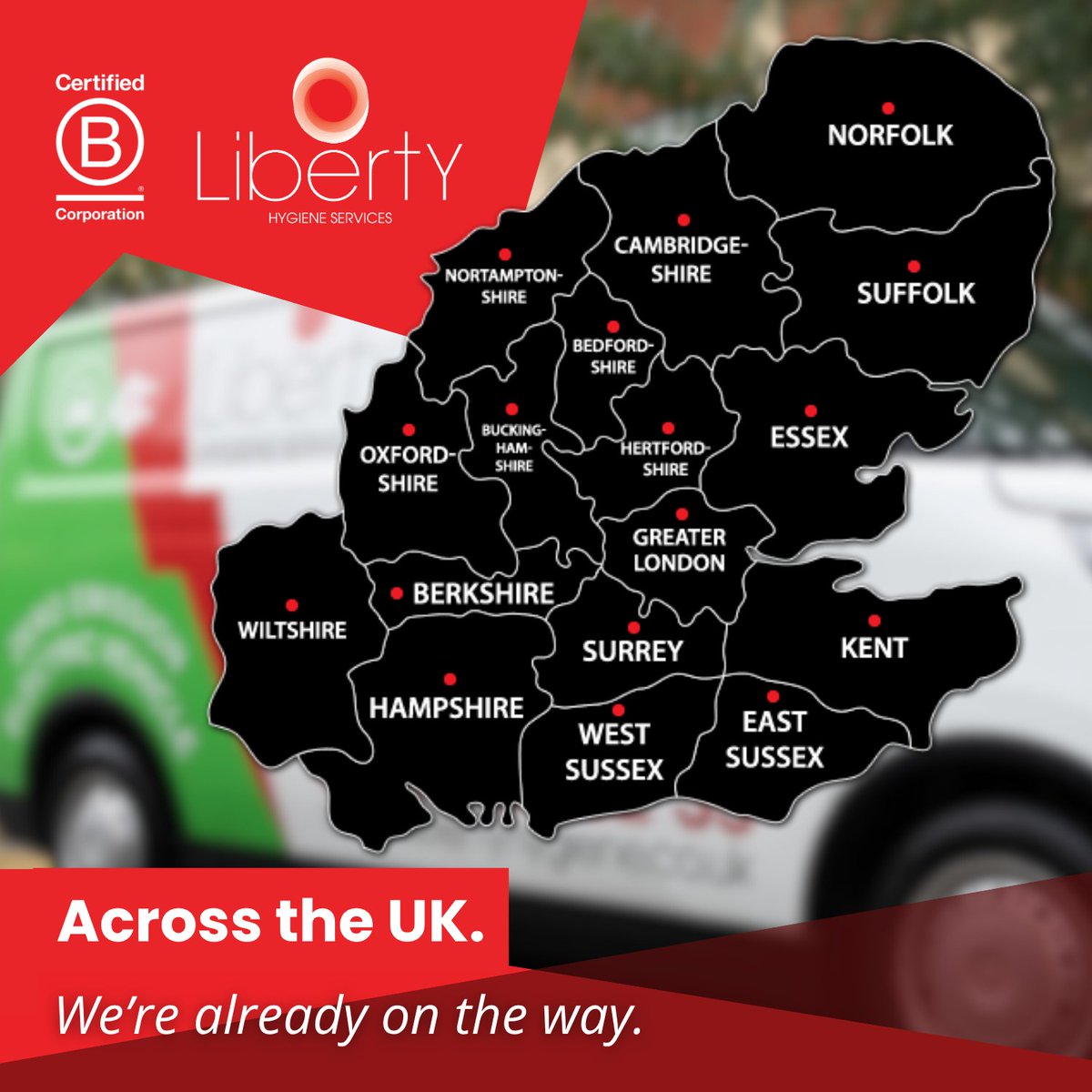 LibertyHygiene's tweet image. From city centres to countryside sites – if you need us, we’re probably already nearby. 🚚

We provide washroom and hygiene services across the UK – with a growing footprint in London, the South East, and the Midlands.

#LibertyHygiene #NationalCoverage #UKWideService