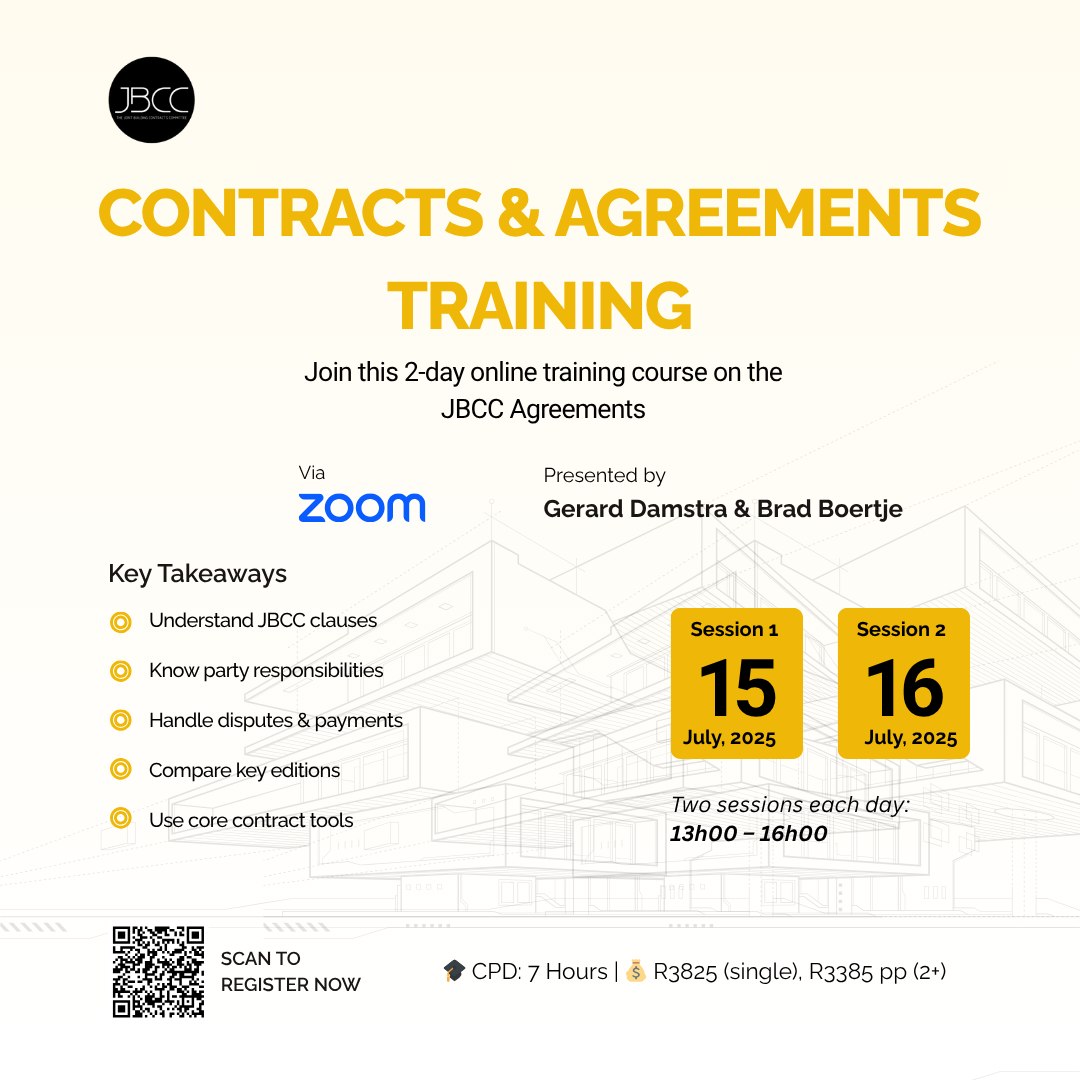 📷 Working with JBCC contracts? Don’t leave it to chance.
Join our JBCC Agreements &amp; Contracts Training Webinar to gain practical, contract-ready skills that help your projects succeed.

✅ REGISTER HERE: jbcc.co.za/webinar-regist…