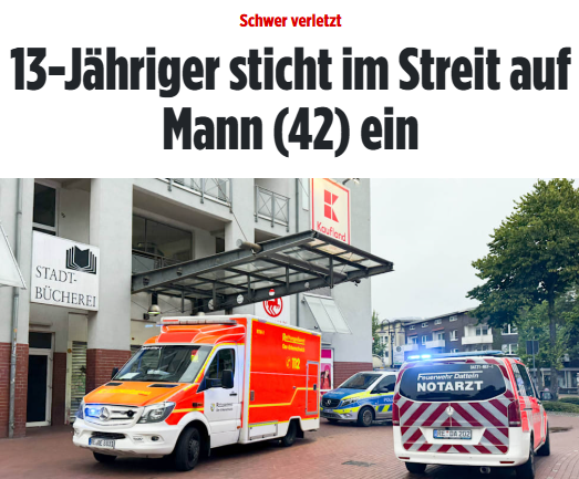 #Oer-Erkenschwick: Familiärer Streit zwischen 42-Jährigen und 13-Jährigen eskaliert. Der Teenager stach auf den Mann ein, bis dieser in Lebensgefahr schwebte. Der Junge soll mit seiner Mutter in einer separaten Wohnung, getrennt von dem Mann gewohnt haben. bild.de/regional/nordr…