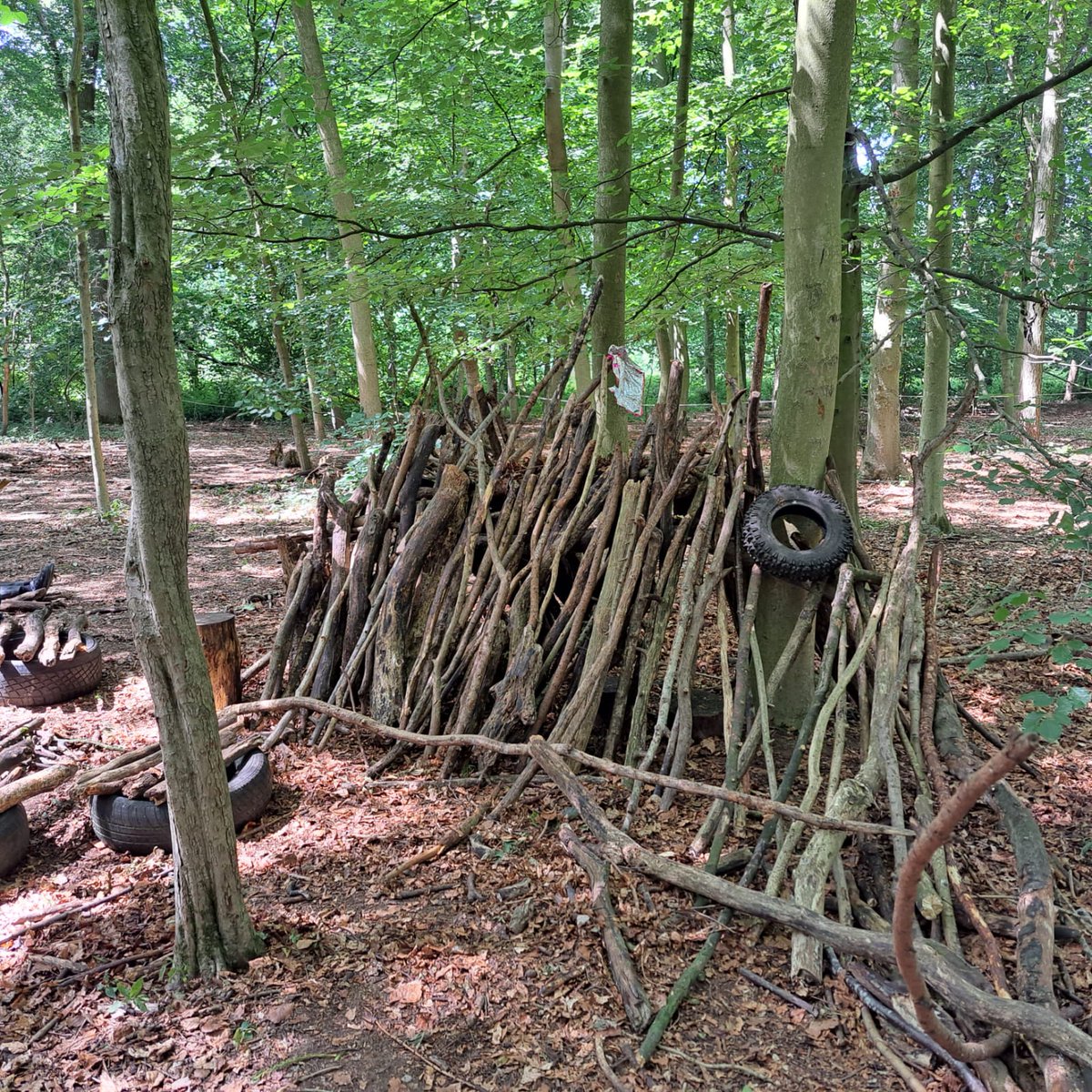 We found some shade in the den building area at Ledston and some fantastic team work took place. This little den had a window, sun lounger, cooking area, settee and Christmas tree! #outdoorlearning