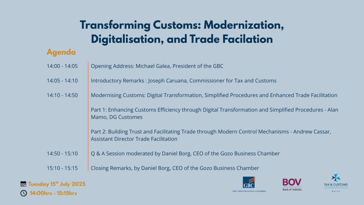 🎉 Check out the agenda for our upcoming webinar: ‘Transforming Customs Modernization, Digitalisation, and Trade Facilitation’

🔗 Register here:
lnkd.in/g67a2J6B
📅 Tuesday, 15th July 
⏲️ 14:00hrs - 15:15hrs