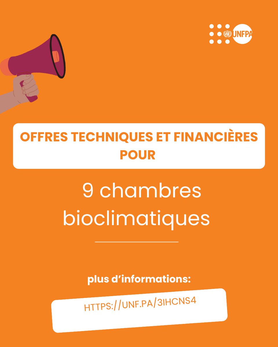 UNFPA Burkina Faso (@unfpabf) on Twitter photo #JobAlert
<a href="/UNFPABF/">UNFPA Burkina Faso</a> sollicite des propositions techniques et financières pour la conception et la réalisation de 9 chambres bioclimatiques dans les 9 provinces du pays.
Date limite : 18 juillet 20225
Pour d'informations: 👉unf.pa/3IhCNs4 #JobAlert
<a href="/UNFPABF/">UNFPA Burkina Faso</a> sollicite des propositions techniques et financières pour la conception et la réalisation de 9 chambres bioclimatiques dans les 9 provinces du pays.
Date limite : 18 juillet 20225
Pour d'informations: 👉unf.pa/3IhCNs4