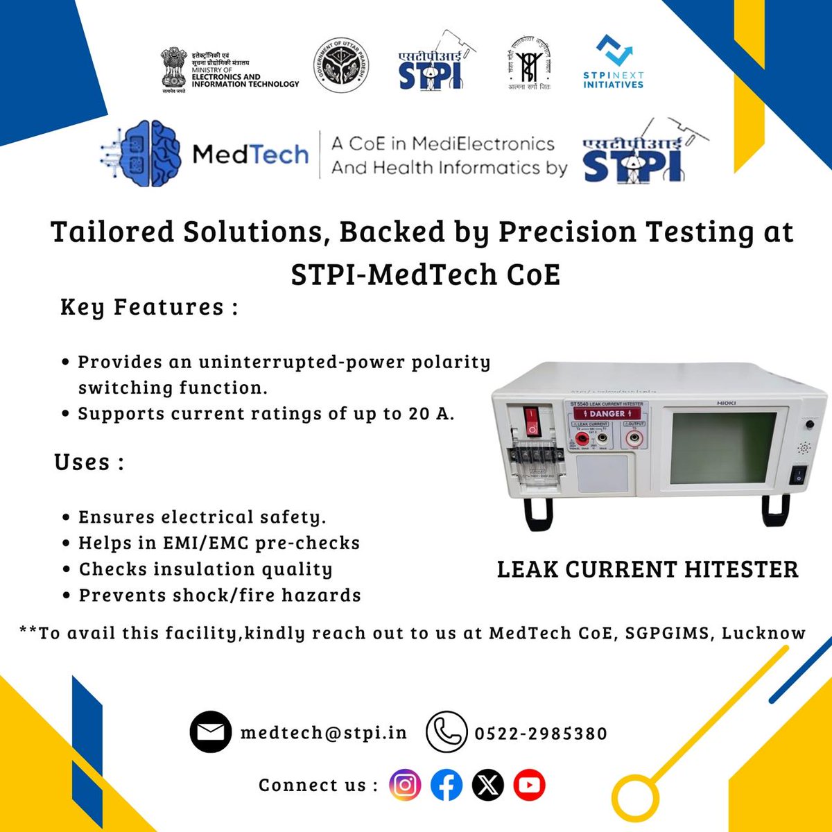Ensure Safety. Test with Precision.
Introducing the Leak Current HiTester 
✅ Detects insulation failures
✅ Ensures device compliance
✅ Essential for medical &amp; electrical equipment testing.
#MedTech #LeakCurrenthitester

<a href="/stpiindia/">STPI</a> , <a href="/arvindtw/">Arvind Kumar</a>